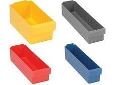 Four colored plastic storage bins: yellow, gray, red, and blue.
