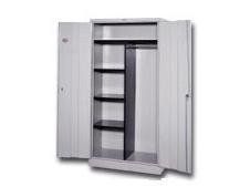 Open metal storage cabinet with shelves and hanging rod; light gray color.