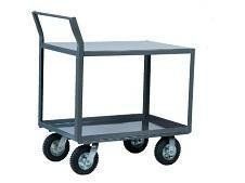 Gray steel two-shelf cart with handle, four wheels.