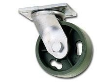 Swivel caster wheel with a green wheel and gray metal frame.