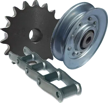 A sprocket, a pulley, and a roller chain, industrial metal parts for mechanical power transmission.