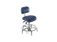 Blue and chrome adjustable stool with backrest.