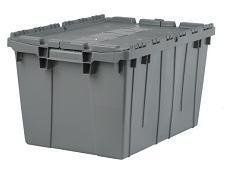 Gray plastic storage bin with attached lid and latches.