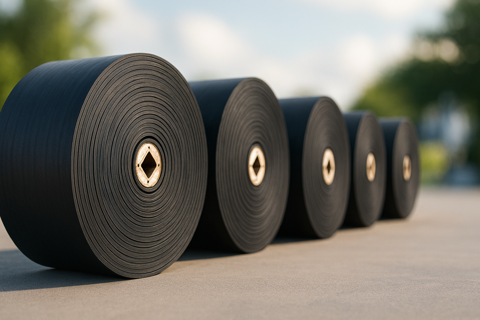Black industrial conveyor belt rolls lined up on concrete.