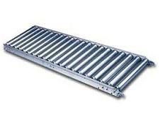 Gravity Roller conveyor, metallic silver, for moving packages.