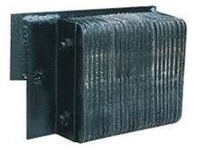 Black rubber dock bumper mounted to a metal plate, designed to absorb impacts.