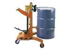 Orange drum lifter holding a blue barrel, ready for transport.