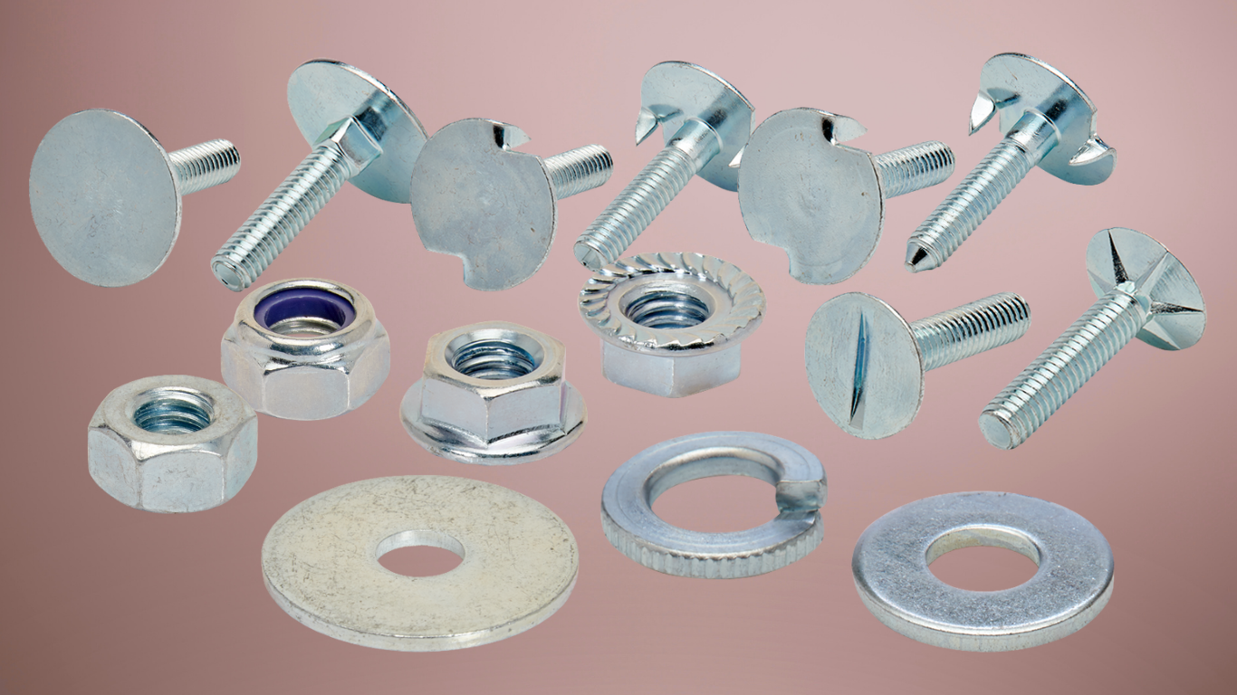 Various metal fasteners, including bolts, nuts, washers, and screws, are displayed against a soft pink background.