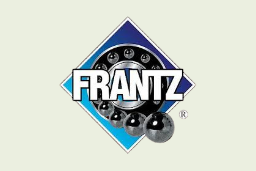FRANTZ logo with white text over a blue diamond and black circular mechanical parts