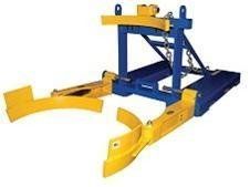 Blue and yellow drum lifter with open arms, ready to pick up a drum.