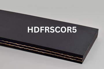 Heavy Duty Grade 2 belting labeled HDFRSCOR5 with description of 2-Ply 220 PIW 5/32 Top Cover X 3/32 Bottom Cover FR-SBR
