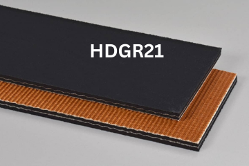 Heavy Duty Grade 2 conveyor belt labeled HDGR21 with description of 2-Ply 150 PIW 1/32 Top Cover x Bare Bottom Cover
