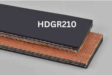 Heavy Duty Grade 2 conveyor belt labeled HDGR210 with description of 3-Ply 330 PIW 1/16 Top Cover x Bare Bottom Cover
