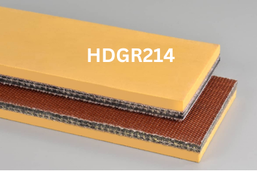 Heavy Duty Grade 2 belt labeled HDGR214 with description of 3-Ply 225 PIW 3/16 Tan Pure Gum Top Cover x Bare Bottom Cover
