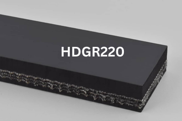 Heavy Duty Grade 2 conveyor belt labeled HDGR220 with description of 3-Ply 600 PIW 3/8 Top Cover x 1/8 Bottom Cover
