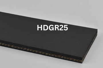 Heavy Duty Grade 2 conveyor belt labeled HDGR25 with description of 2-Ply 150 PIW 1/8 Top Cover x 1/16 Bottom Cover
