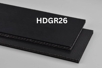 Heavy Duty Grade 2 conveyor belt labeled HDGR26 with description of 2-Ply 160 PIW 1/16 Top Cover x 1/64 Bottom Cover
