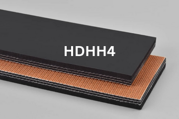 Heavy Duty Grade 2 conveyor belt labeled HDHH4 with description of 3-PLY 225# PIW Black 1/8 Top Cvr X Bare Bot. Cvr HR 400°F
