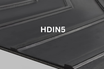 Heavy Duty Incline conveyor belt labeled HDIN5 with description of 2-Ply 220 PIW 1/8 Multi-Chev MOR X 1/16 Bottom Cover
