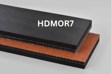 Black Grade2 conveyor belt sample photo, showing layered construction labeled HDMOR7.