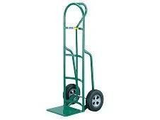 Green hand truck with two black wheels and a flat platform.