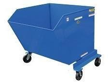Blue industrial metal bin on wheels.