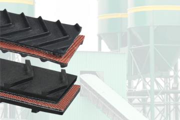 Two conveyor belt sections with black rubber and red layers, set against a blurred industrial background.
