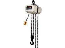 Electric chain hoist suspended from above with chains and hook.