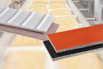 Food conveyor belt samples in various colors and textures.