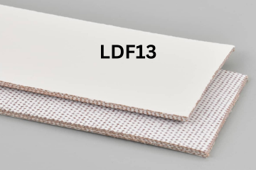 Light Duty Food conveyor belt labeled LDF13 with description of 3-Ply Poly 105 White Teflon COS