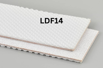Light Duty Food conveyor belt labeled LDF14 with description of 2-Ply Poly 60 White Nitrile Pebbletop