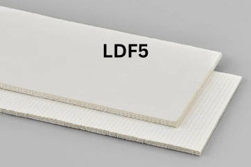 Light Duty Food conveyor belt labeled LDF5 with description of 2-Ply Poly 60 White Nitrile COS