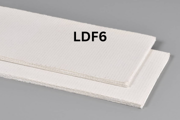 Light Duty Food conveyor belt labeled LDF6 with description of 3-Ply Poly 90 White Nitrile COS