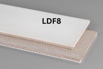 Light Duty Food conveyor belt labeled LDF8 with description of 3-Ply Poly 150 White Nitrile COS
