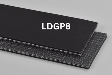 Light Duty General Purpose conveyor belt labeled LDGP8 with description of 2-Ply CP30 Black Nitrile COS
