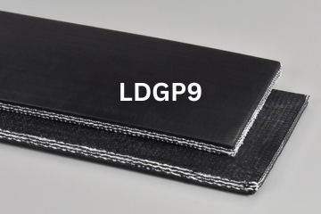 Light Duty General Purpose conveyor belt labeled LDGP9 with description of 3-Ply Poly 135 PIW Black Nitrile COS

