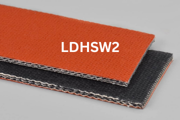 Light Duty Hot Stock & Water conveyor belt labeled LDHSW2 with description of 3-Ply Red Silicone Cover Hot Stock & Water
