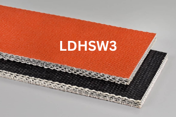 Light Duty Hot Stock & Water conveyor belt labeled LDHSW3 with description of 4-Ply Red Silicone Cover Hot Stock & Water
