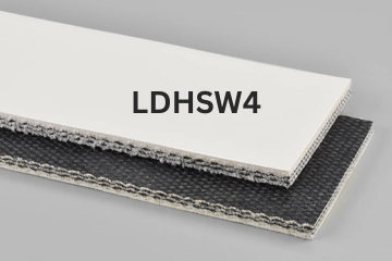 Light Duty Hot Stock & Water conveyor belt labeled LDHSW4 with description of 3-Ply HS&W W/ 1/32 White Smooth Silicone X FS
