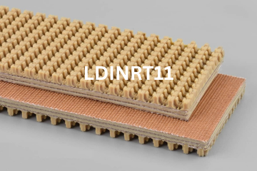 Light Duty Incline Roughtop conveyor belt labeled LDINRT11 with description of 3-Ply 180 PIW Tan Pure Gum Roughtop X Bare
