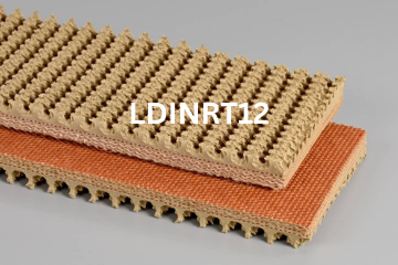 Light Duty Incline Roughtop conveyor belt labeled LDINRT12 with description of 4-Ply 240 PIW Tan Pure Gum Roughtop X Bare
