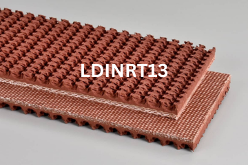 Light Duty Incline Roughtop conveyor belt labeled LDINRT13 with description of 3-Ply 135 PIW Brown Nitrile Roughtop X FS
