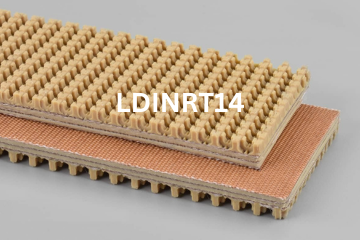 Light Duty Incline Roughtop conveyor belt labeled LDINRT14 with description of 3-Ply 225 PIW Tan Pure Gum Roughtop X Bare

