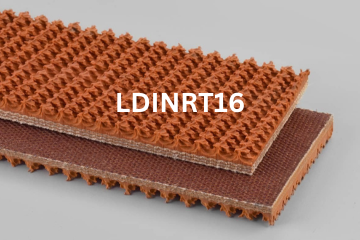 Light Duty Incline Roughtop conveyor belt labeled LDINRT16 with description of 3-Ply 135 Tan Carbox Nitrile R.T. X Bare
