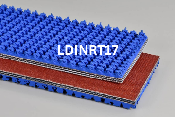 Light Duty Incline Roughtop conveyor belt labeled LDINRT17 with description of 3-Ply 150 PIW Blue Carbox Nitrile R.T. X Bare
