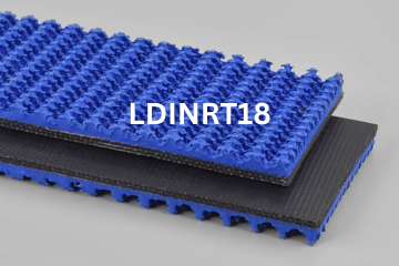 Light Duty Incline Roughtop conveyor belt labeled LDINRT18 with description of 3-Ply 150 PIW Blue Carbox Nitrile R.T. X FS
