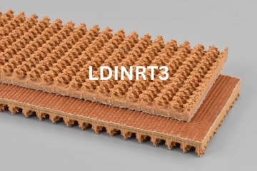 Light Duty Incline Roughtop conveyor belt labeled LDINRT3 with description of 2-Ply 150 PIW Tan Roughtop X Bare
