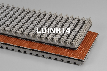 Light Duty Incline Roughtop conveyor belt labeled LDINRT4 with description of 2-Ply 210 PIW Gray Roughtop X Bare
