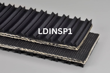 Light Duty Incline Specialty conveyor belt labeled LDINSP1 with description of 3-Ply CP30 Black V-Ridge X FS
