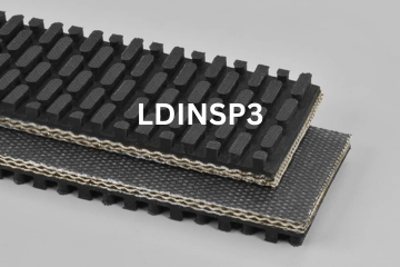 Light Duty Incline Specialty conveyor belt labeled LDINSP3 with description of 3-Ply CP30 Black Steepgrade X FS

